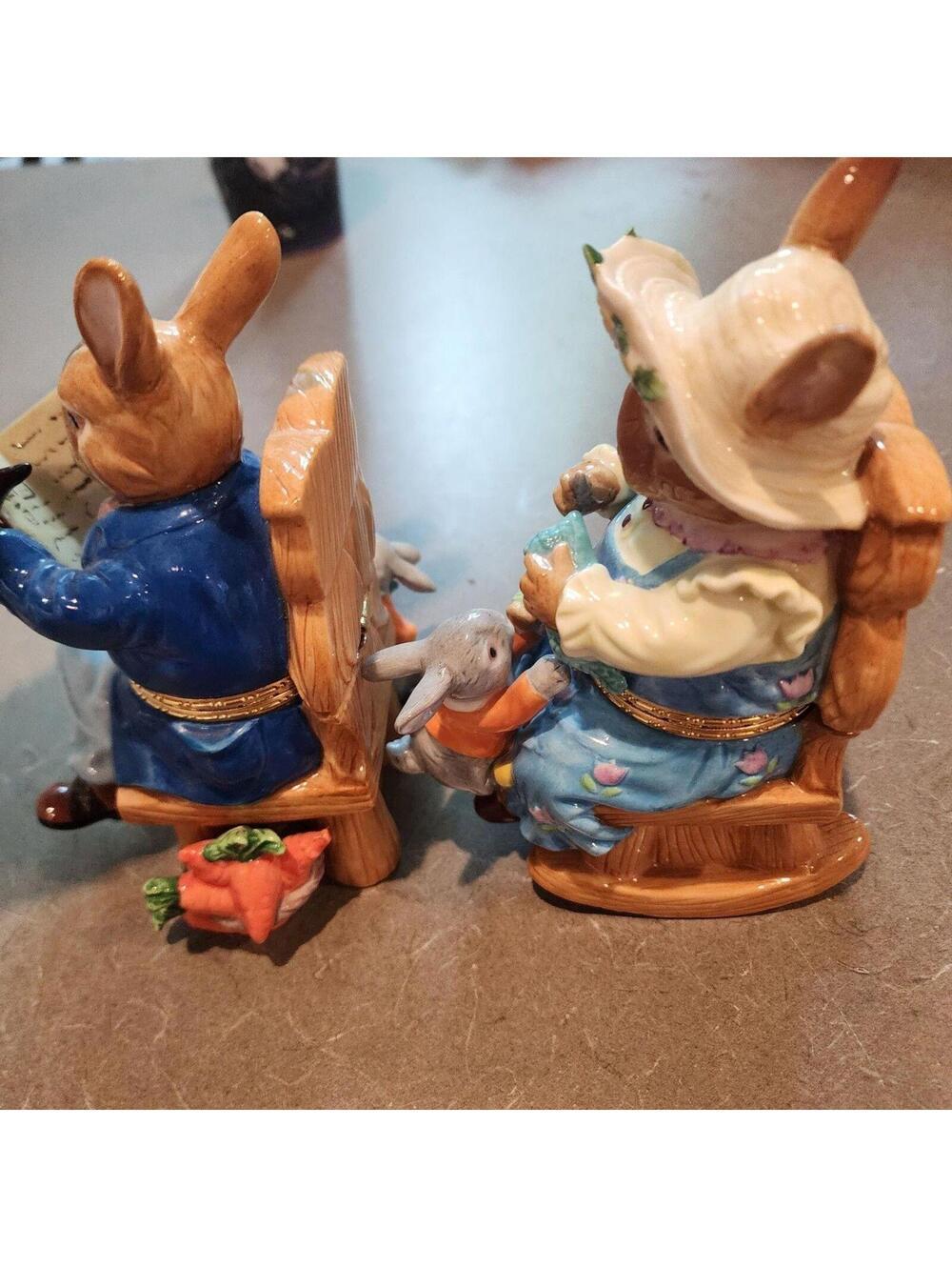 CWC Mama & Papa Bunny Rabbit Hinged Trinket Box Set w Baby Rabbits Hand Paint - Picture 6 of 9